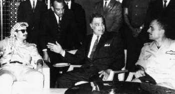 Nasser brokering ceasefire with Chairman Arafat and King Hussein,  1970